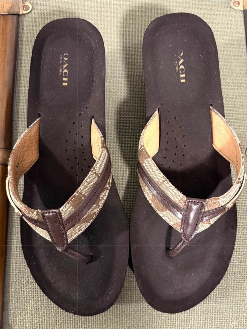 COACH Brown and Tan Signature Canvas Thong Sandals